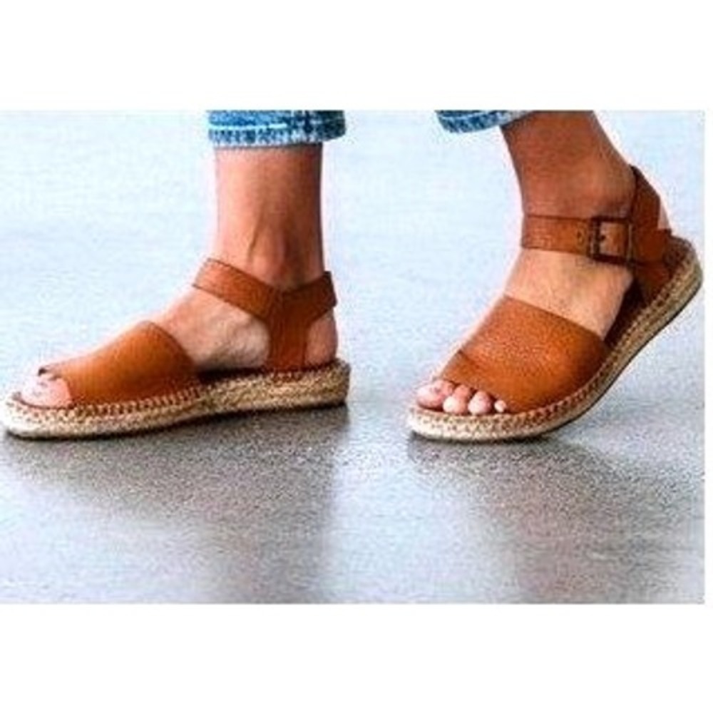 Soludos Womens Tan Pebbled Leather Ankle Strap Espadrille Sandals Size 7.5 Flat